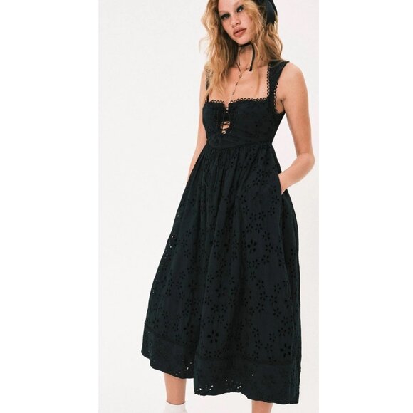 For Love And Lemons Dresses & Skirts - NEW FOR LOVE AND LEMONS NICOLA BLACK EYELET MIDI DRESS SIZE XS